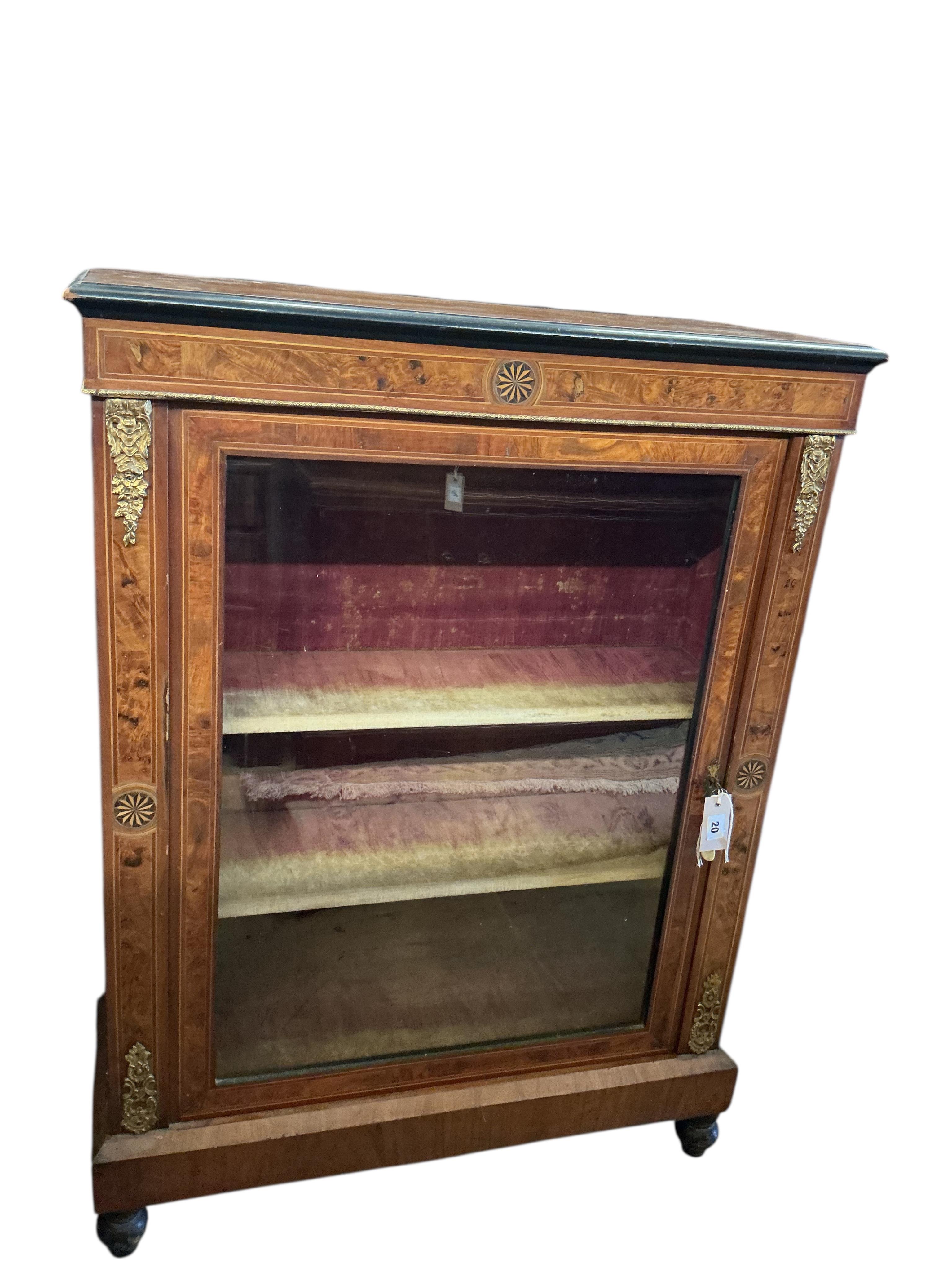 A late Victorian gilt metal mounted inlaid walnut pier cabinet, width 79cm, depth 29cm, height 106cm